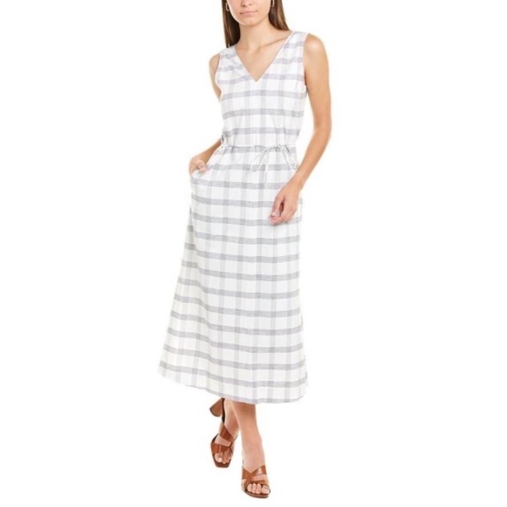 Theory Linen Blend Spring Plaid Deep V-Neck Midi Dress Petite XS